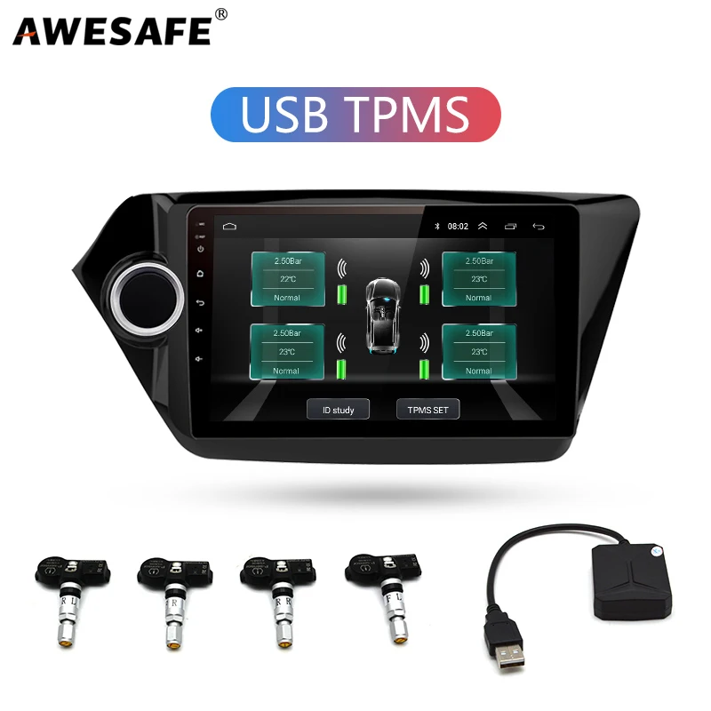 

AWESAFE USB Tire Pressure Monitoring Alarm System Android navigation TPMS With 4 Internal Sensors for Car DVD Player Navigation