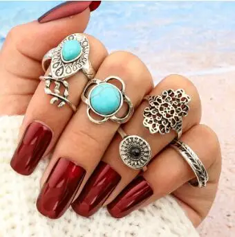 6pcs Vintage carved inlaid turquoise boho exaggerated ring | Украшения и аксессуары