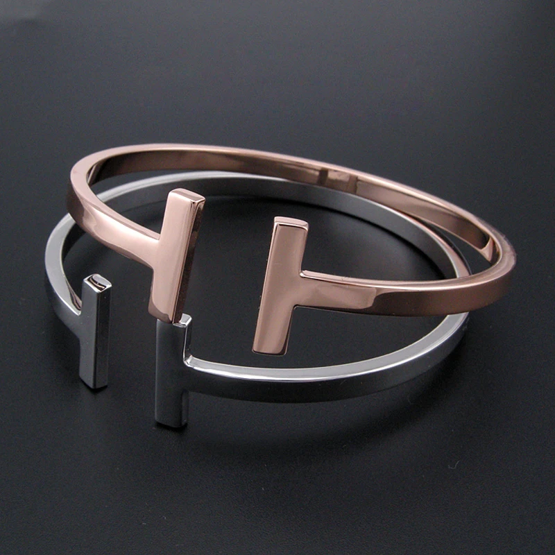 Модный ювелирный бренд розовое золото и серебро цвет T манжеты дизайн гладкий Открытый браслет для мужчин и женщин