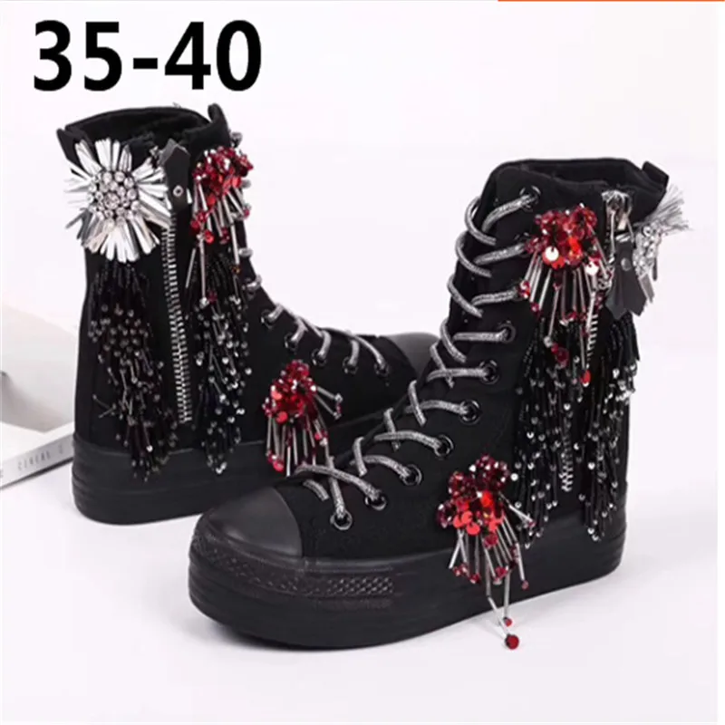 

Handmade custom chain three-dimensional beaded flower rhinestones ladies thick bottom muffin bottom with canvas shoes
