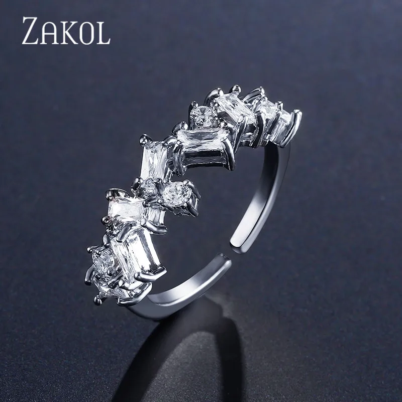 

ZAKOL Fashion AAA Trapezoidal Cubic Zircon Engagement Open Rings Elegant Handmade Adjustable Ring For Women Man Jewelry FSRP242