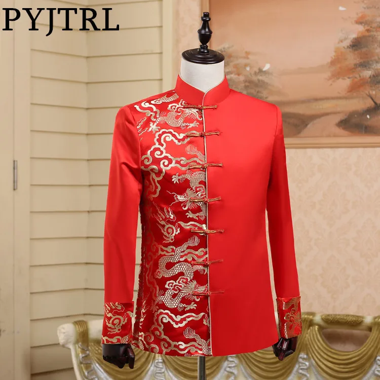 

PYJTRL Men's Chinese Style Red Tang Costume Wedding Groomsmen Jacket One Side Embroidery Gold Dragon Stage Clothes For Singers