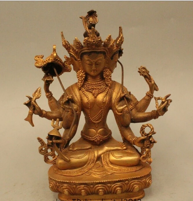 

8" Tibetan Buddhism Bronze Gild 3 Head 8 Arm Buddha fast