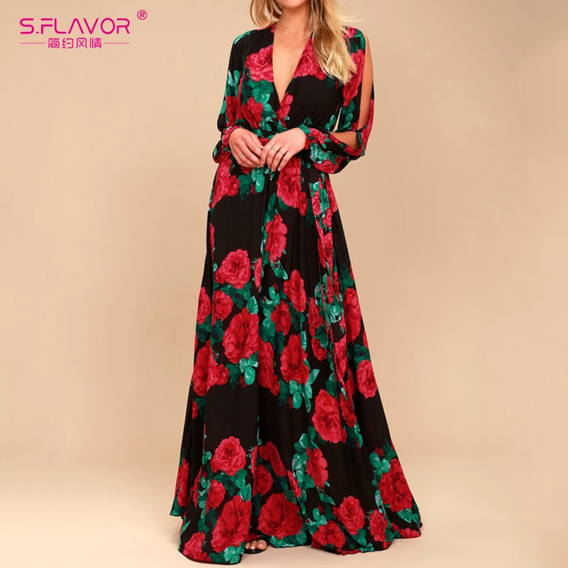 

Southpire women Bohemian Long Dress Hot Sale Rose Printing V-neck Sexy Vestidos De Festa Autumn Winter Fashion Long Sleeve Dress