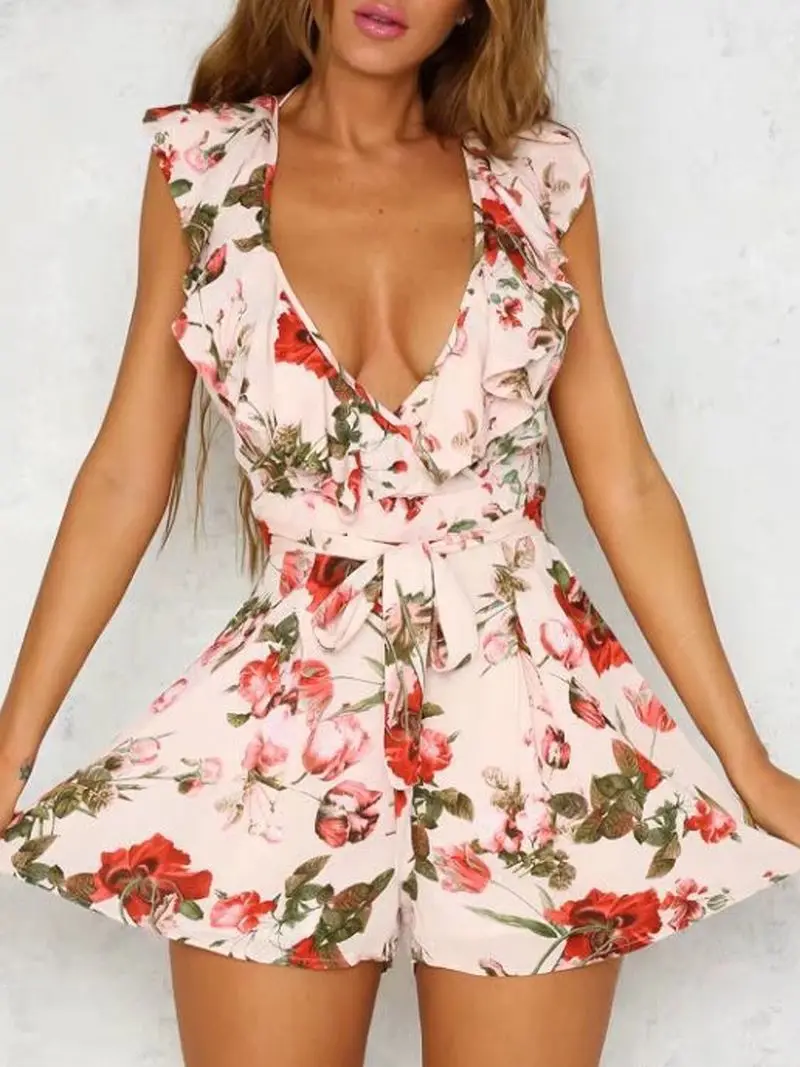 

playsuit Summer beach holiday jumpsuit romper Sexy backless sashes overalls 2019 Polyester Print sexy jumpsuit hot new trends
