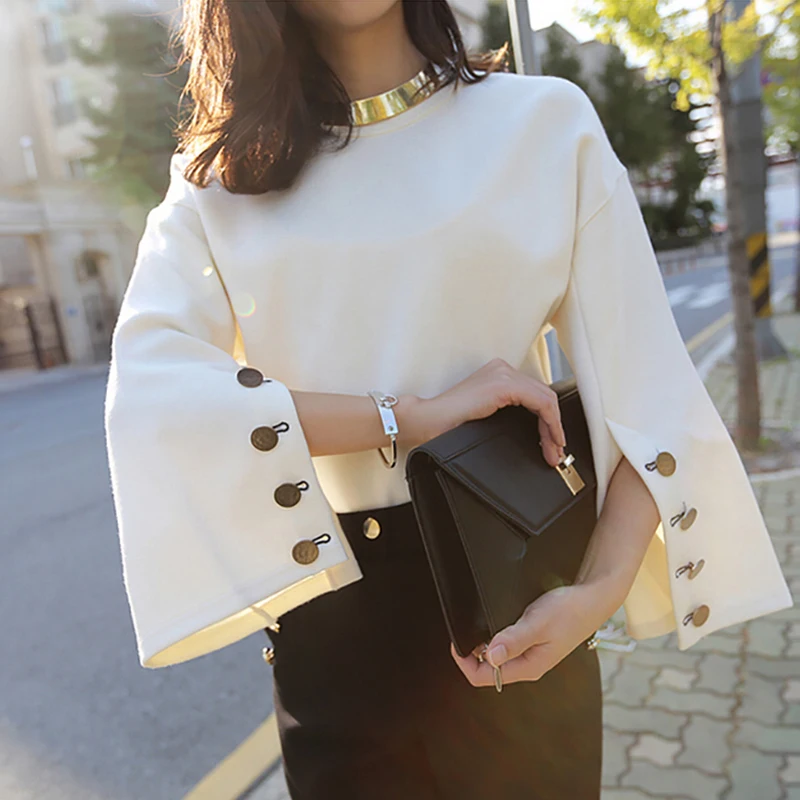 VGH осенне-Весенняя рубашка с роговыми рукавами и круглым вырезом, замшевая куртка для женщин, женская качественная рубашка, Япония, Южная Корея - Цвет: photo color