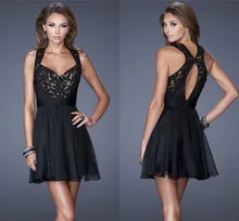 Sexy Schwarz Tüll Cocktailkleider 2017 V-ausschnitt Ärmellose Spitze Applique A-linie Brautkleider Backless Kurze Party Kleider