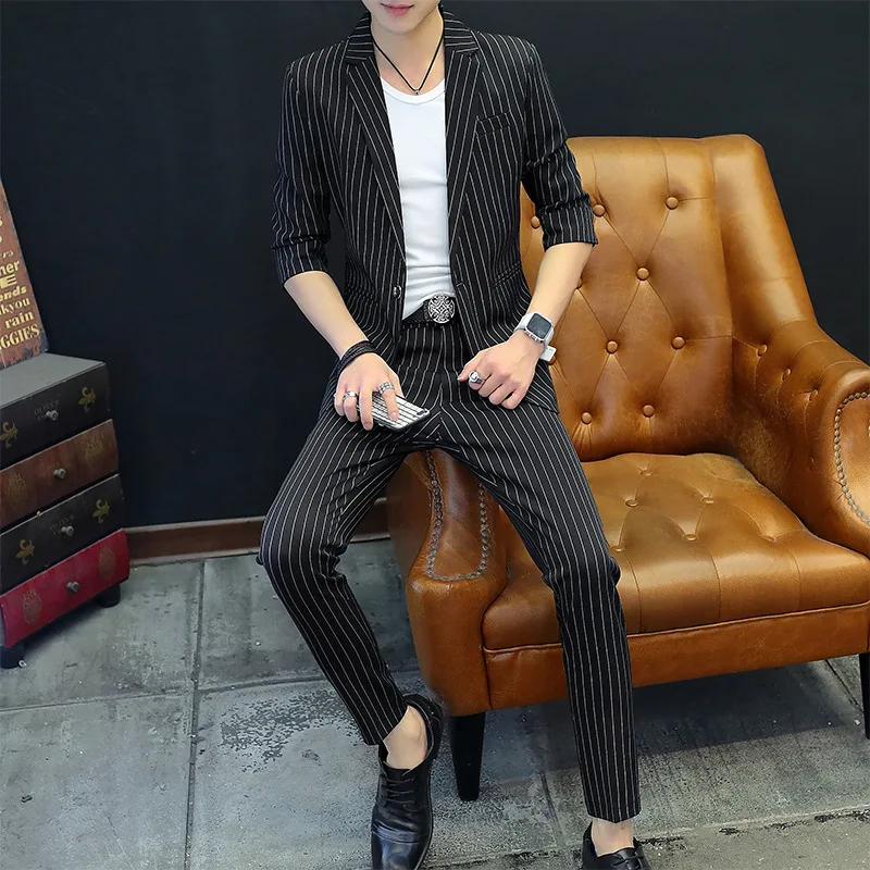 

Men's Casual Striped Sleeves Small Suit Male Slim Korean Version of The Tide Suit Summer Thin Section Seven-sleeve Jacket