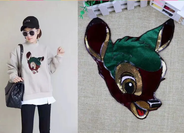 

gtglad 1pcs New sequined velvet deer head lace applique paillette fabric sweater clothes patch sequined stickers DIY decoration