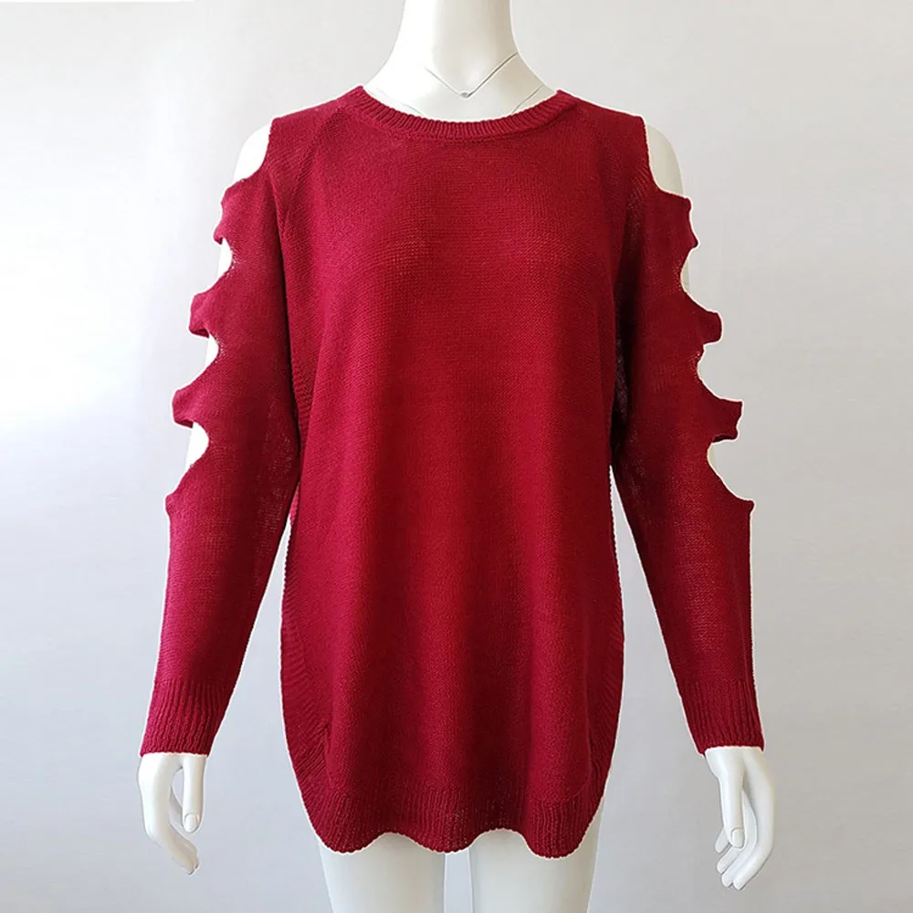 JAYCOSIN модный дизайн Женский вязаный круглый вырез длинный рукав полый свободный свитер пуловер Джемпер Высокое качество свитер - Цвет: RD