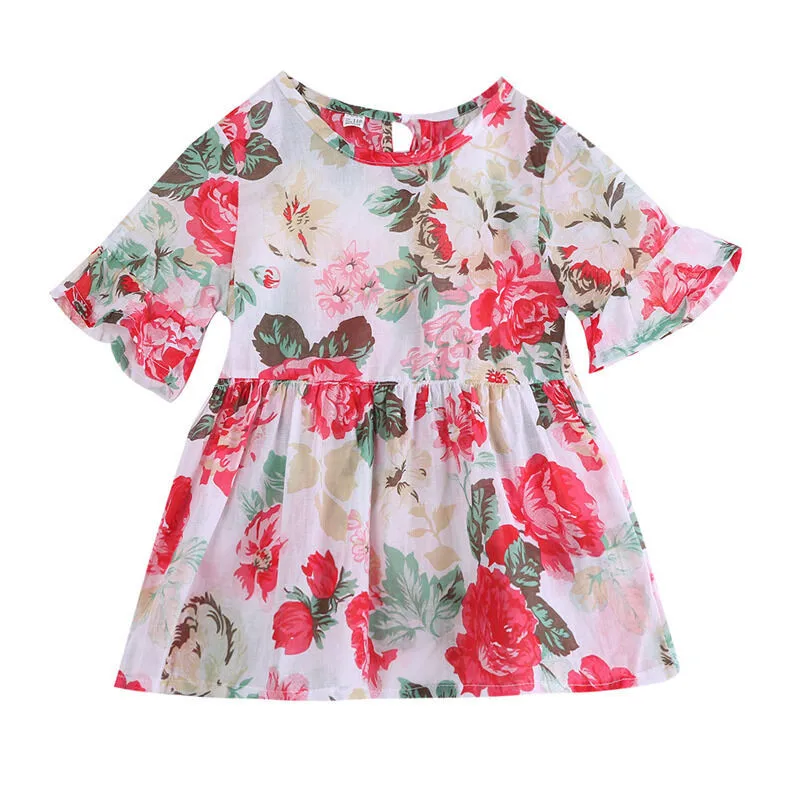 1-6 Years Cute Kids Dresses For Girls Red Floral Print Short Sleeve Princess Dress Girl Children Clothes | Детская одежда и обувь