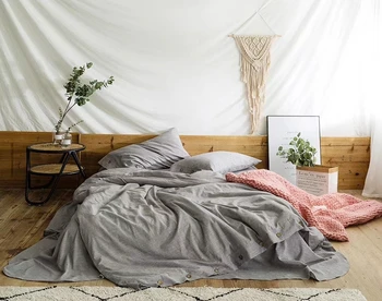 

Linen and cotton blended quilt duvet doona covers sets 4pcs solid color light grey gray man's bedroom queen full bedding set