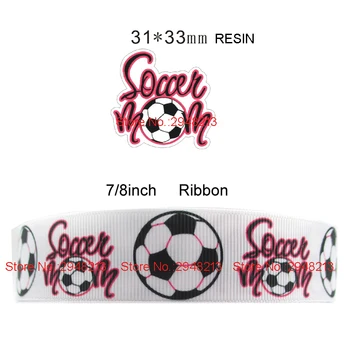 

printed cartoon Sport football grosgrain ribbon and resin sets 7/8inch 50yard ribbon and 50pcs resin 1sets REB452