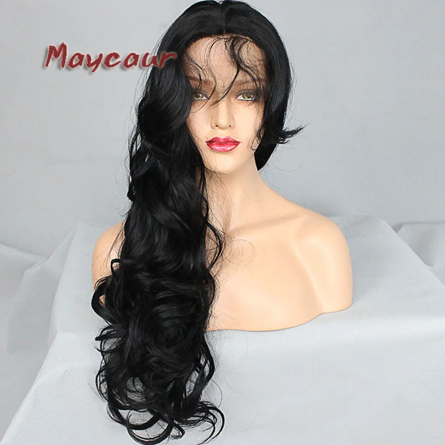 Maycaur Glueless парики с челкой химическое Синтетические волосы на кружеве парики для черный Для женщин 180 плотность черные длинные волнистые