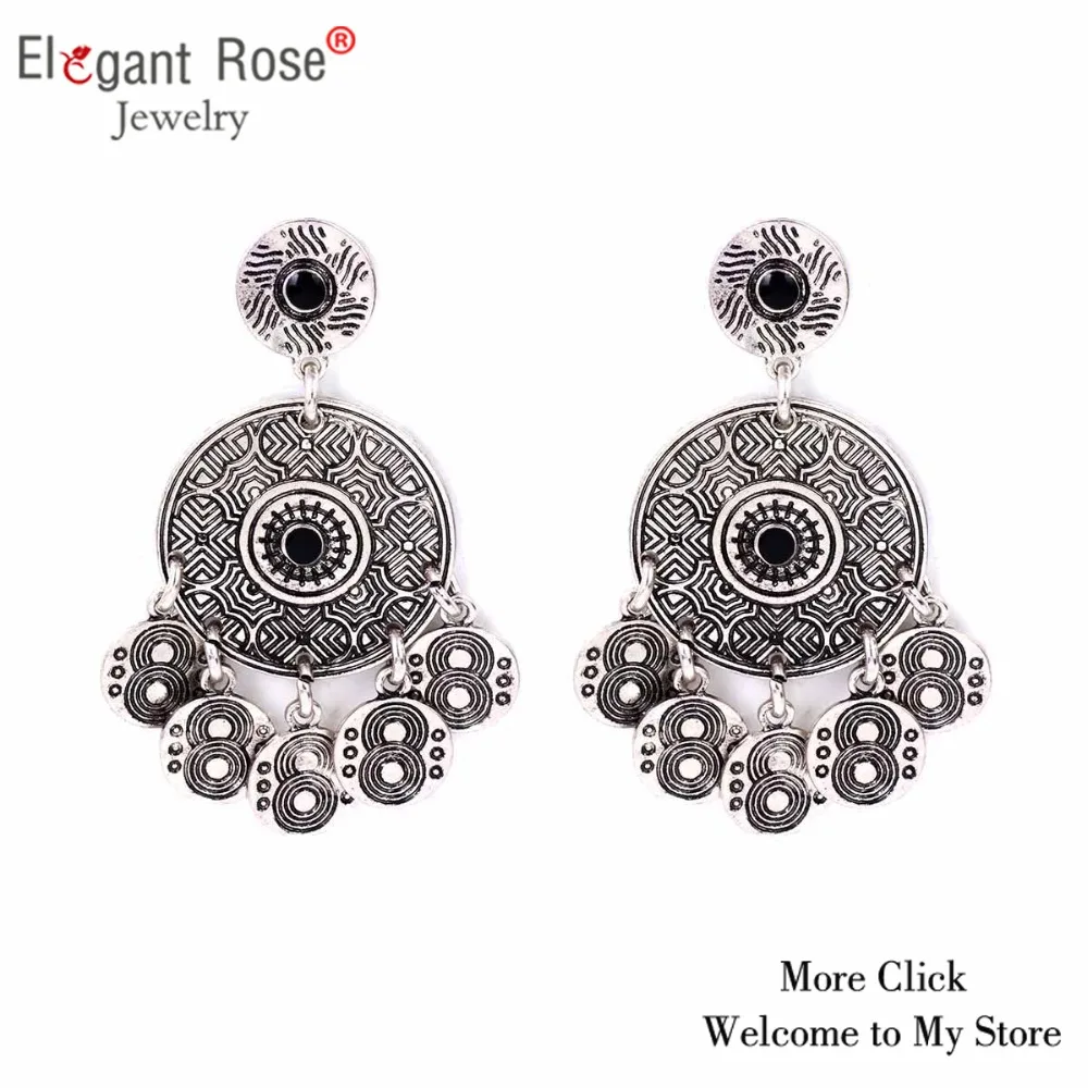 Elegant Rose Vintage Antique Silver Coin Earrings Boho Gypsy Beachy Ethnic Tribal Festival