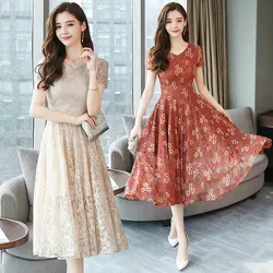 Лето вечерние для женщин Цветочный кружево платье плюс размеры повседневное элегантные женские миди короткий рукав Винтаж корейский