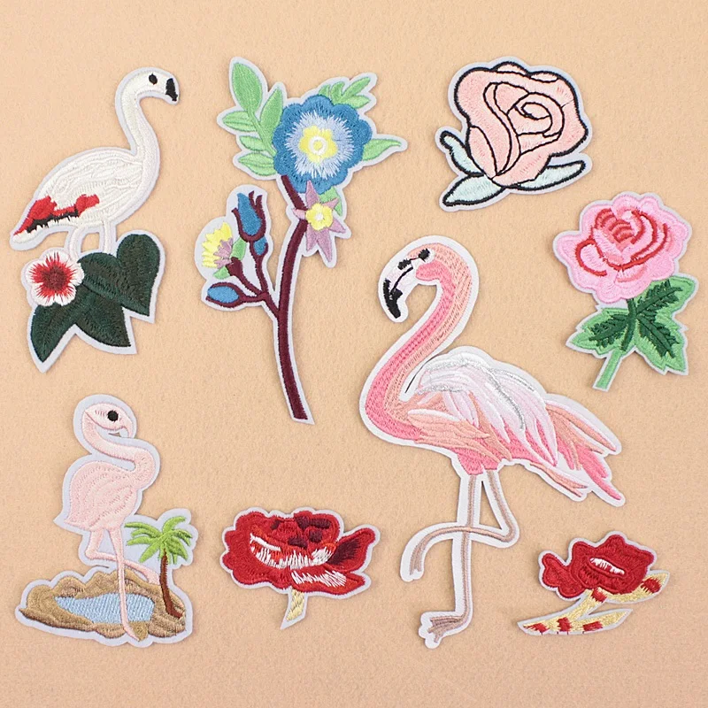 

Sew On clothes Flamingo Rose Patch Heart Iron On Letter Badges Clothes Stickers Cheap Embroidered Patches For Clothing 8 pcs/lot