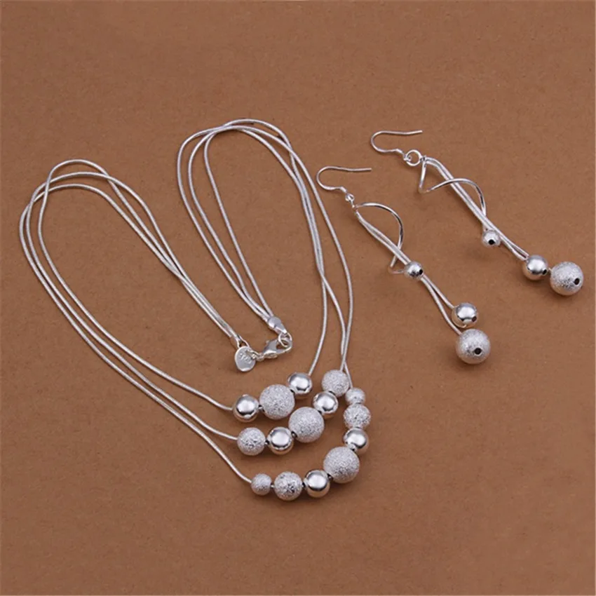 Hot silver color jewelry set charm temperament European style three chain multi beads necklace Drop Earrings S423