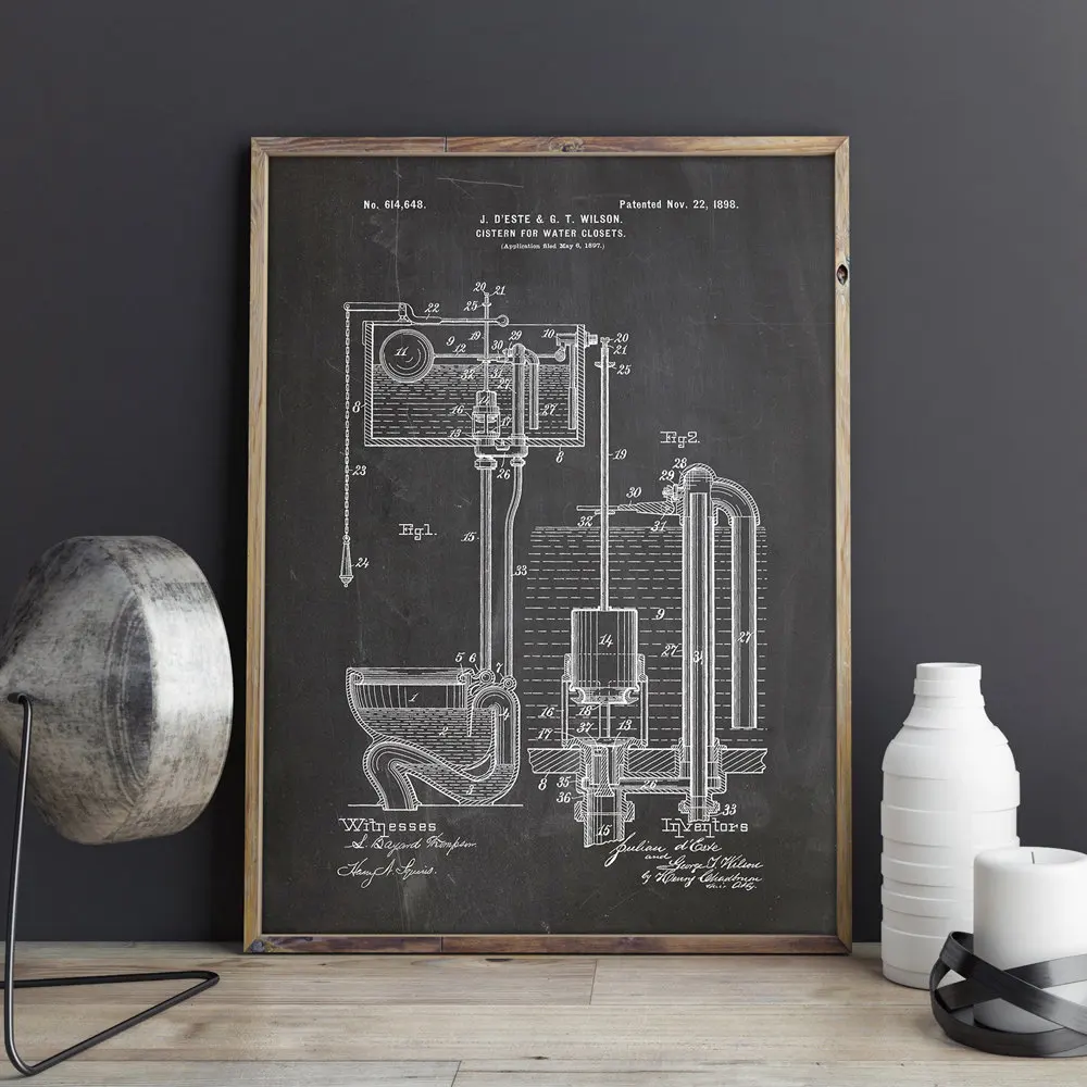 Туалет патент, система смыва, ванная комната настенное искусство, картина принты, плакат, домашний декор, Винтаж, чертеж, патент печать, подарок, рисунок