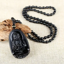 Moda Natural Negro Obsidiana Tallada de Buda Suerte Estatua de Buda Amuleto Colgante de Collar de Halloween Para Las Mujeres de Los Hombres colgante de 61*39mm