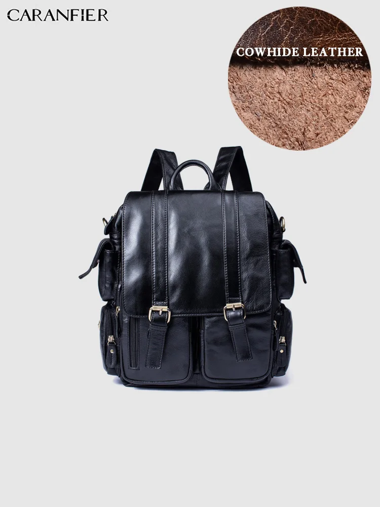

CARANFIER Mens Backpack Genuine Cowhide Leather School Bags Solid Classisc Laptop Computer Outdoor Travel Large Capacity Bookbag