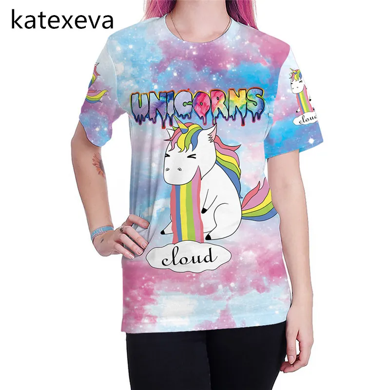 Katexeva 2018 летние женские Модные футболка Симпатичные Единорог с принтом короткими