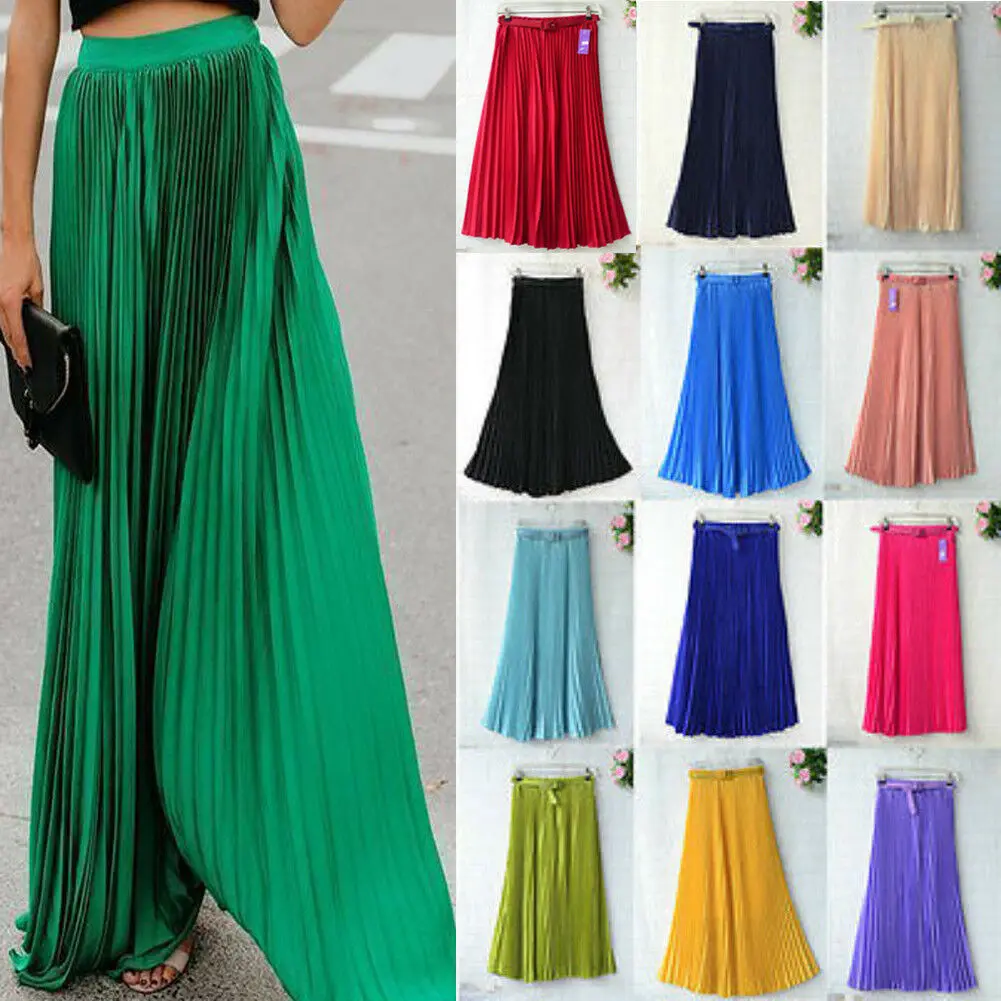 Womens Skirt Belt High Waist Solid Color Retro Maxi Chiffon Pleated Elegant Long Skirt Summer Skirt Womens New 13 Styles