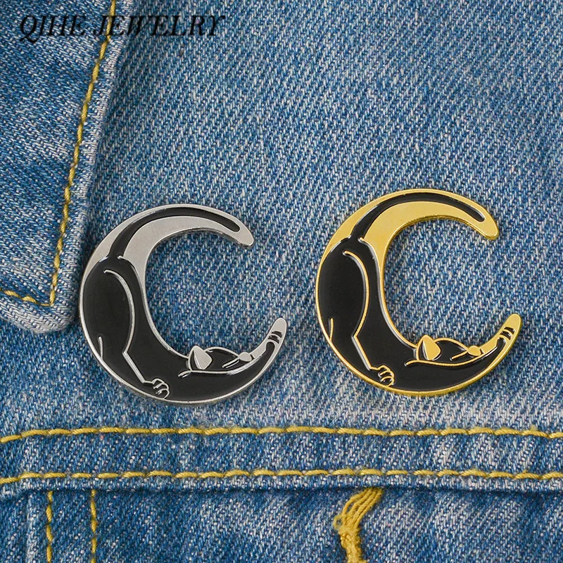 

QIHE JEWELRY Cat and moon pins Crescent moon Brooches Witchcraft Lapel pins Black Wicca Jewelry Pins for Witches