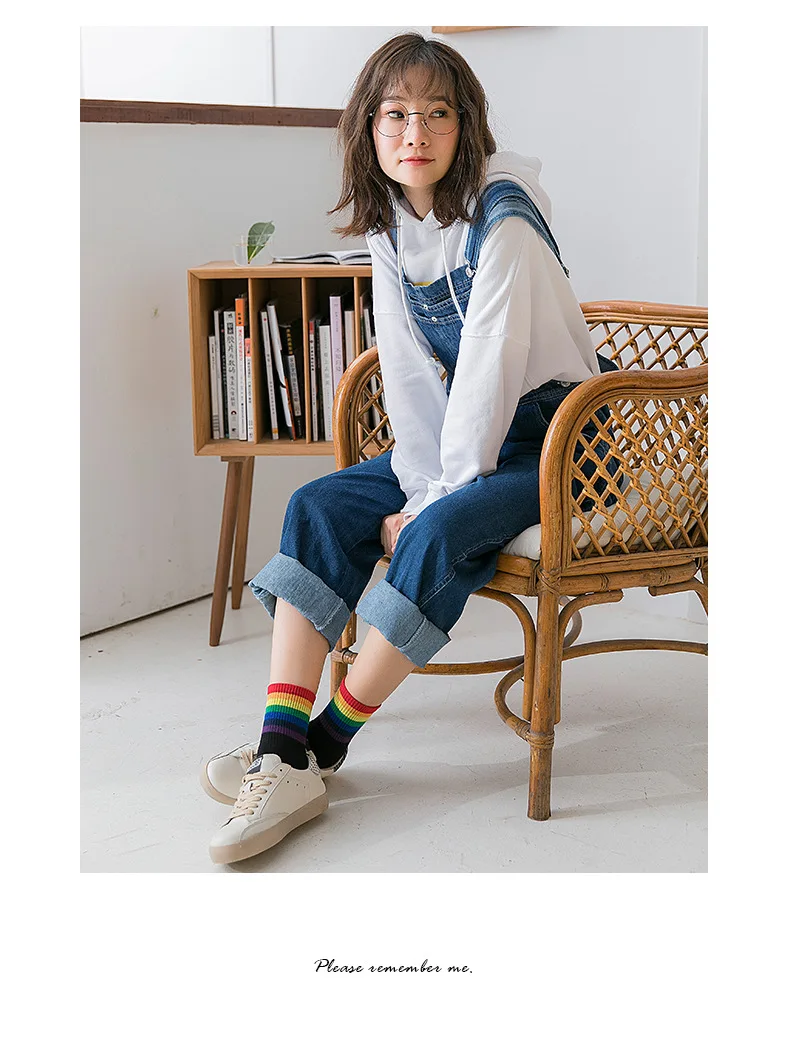 LGBT Striped Fashion Korean Streetwear Women Rainbow Socks Warm Funny Candy White Black Short Winter Cotton Happy Socks knee socks