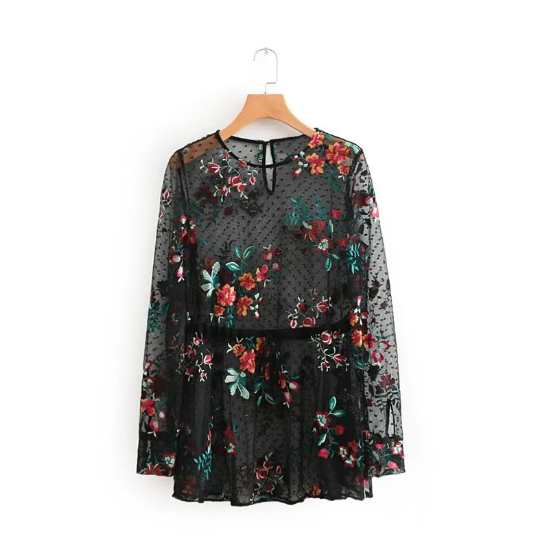 

Women Mesh Sheer T-Shirt Floral Embroidered T-Shirts Transparent Tops Sexy Top