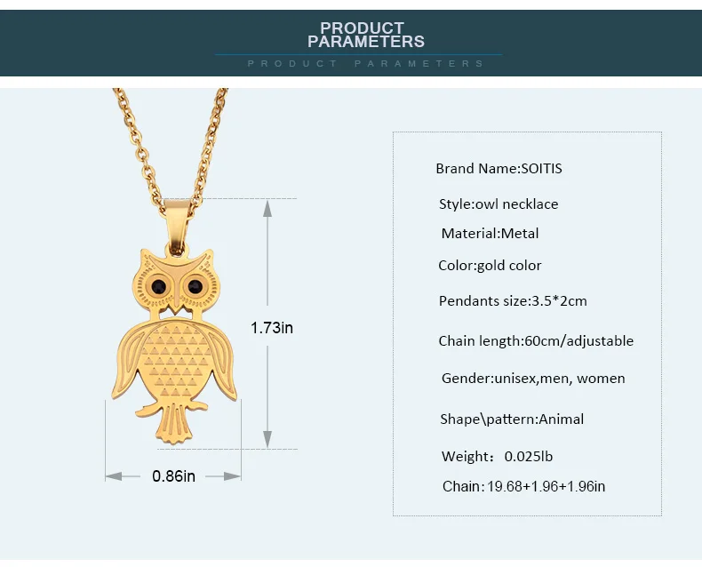 SOITIS золотой цвет из нержавеющей стали кулон с совой с черными глазами Zricon Модные мужские t ювелирные изделия подарок для мужчин и женщин