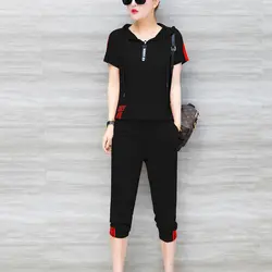 YICIYA/Черная спортивная одежда, комплект из 2 предметов, спортивные костюмы для женщин, большие размеры, топ и брюки, костюмы, летняя одежда 2019