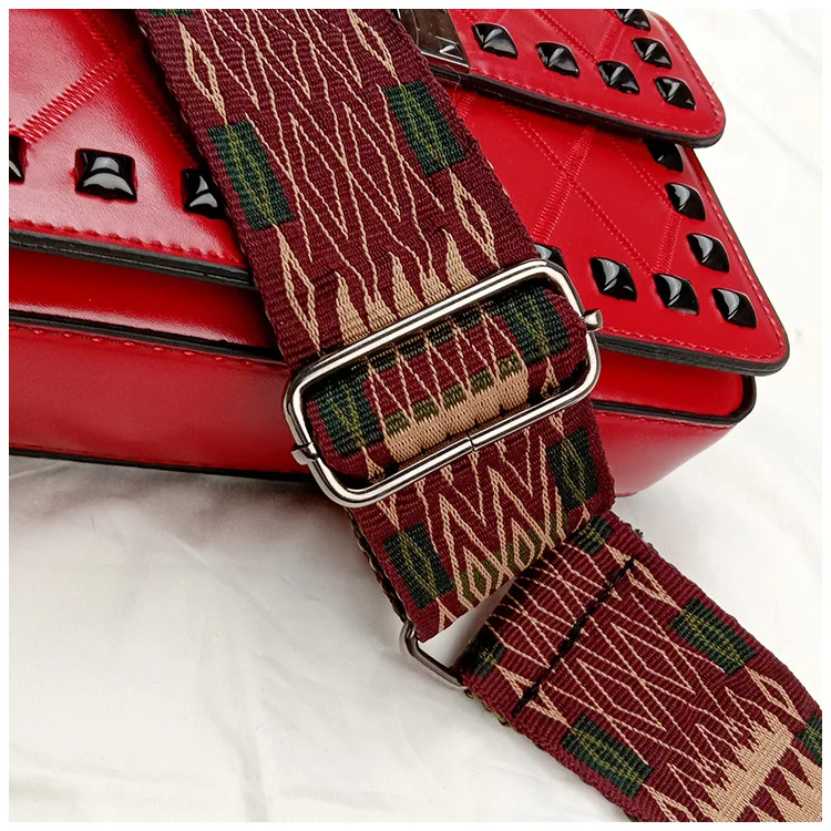 Women's Fashion Rivets Crossbody bag Luxury Brand PU leather Shoulder Bags Female Red Punk Style Wide Strap Street Handbag Purse (10)