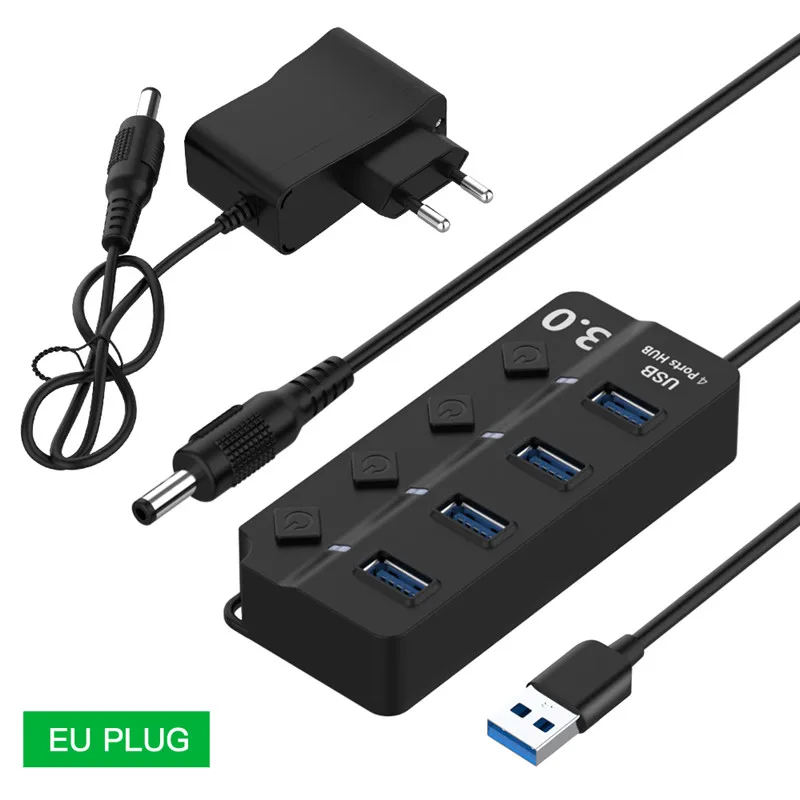 Высокая скорость USB 3,0 концентратор 4/7 порт USB3.0 HUB разветвитель на/выключение светодиодного индикатора С EU/US адаптер питания для ноутбука MacBook PC - Цвет: 4 Ports EU Plug