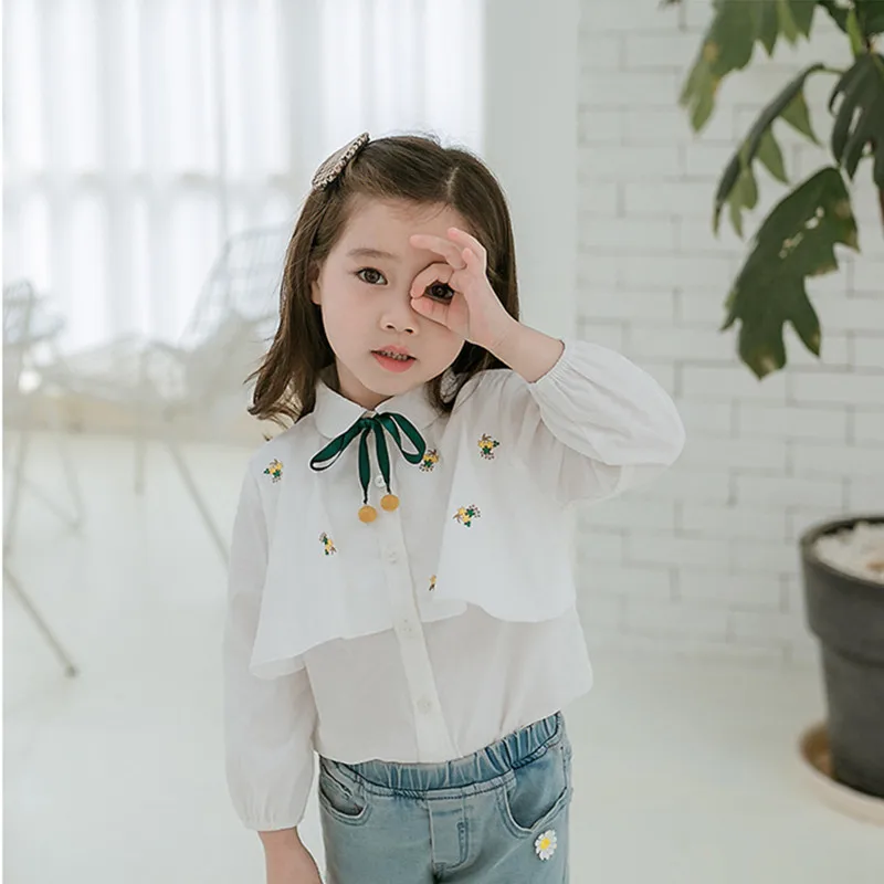 

High Quality Kids Girl Korean Blouse 2019 Spring White Long Sleeve Cotton Flower Embroidery Shirt Baby Princess Girls Blouses