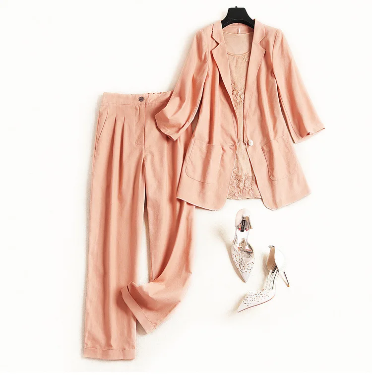 

Women pink linen blazer suit slim 3/4 sleeve one button jacket + camisole + pants 3 piece set casual outfits new 2019 summer