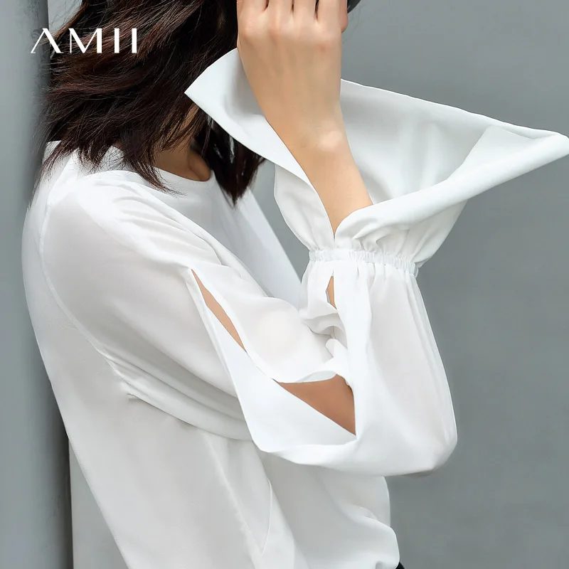 En Ligne Amii Minimaliste Femmes 2019 Printemps Blouse Solide O Cou Fentes Flare Manches Femme Blouses Chemises