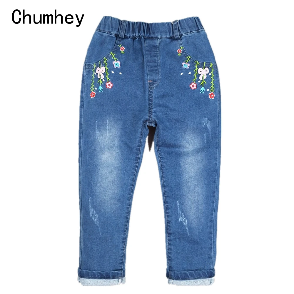 Chumhey/джинсы для девочек от 2 до 10 лет весенние хлопковые эластичные мягкие джинсовые штаны детские брюки Одежда для новорожденных девочек с вышитыми цветами