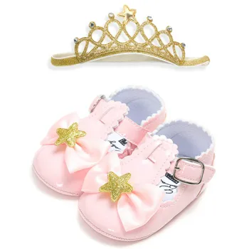 

Crown Headband And PU Leather Baby Princess Party Girl Baby Moccasins Shoes Bow T-bar Soft Soled Non-slip Footwear Crib Shoes