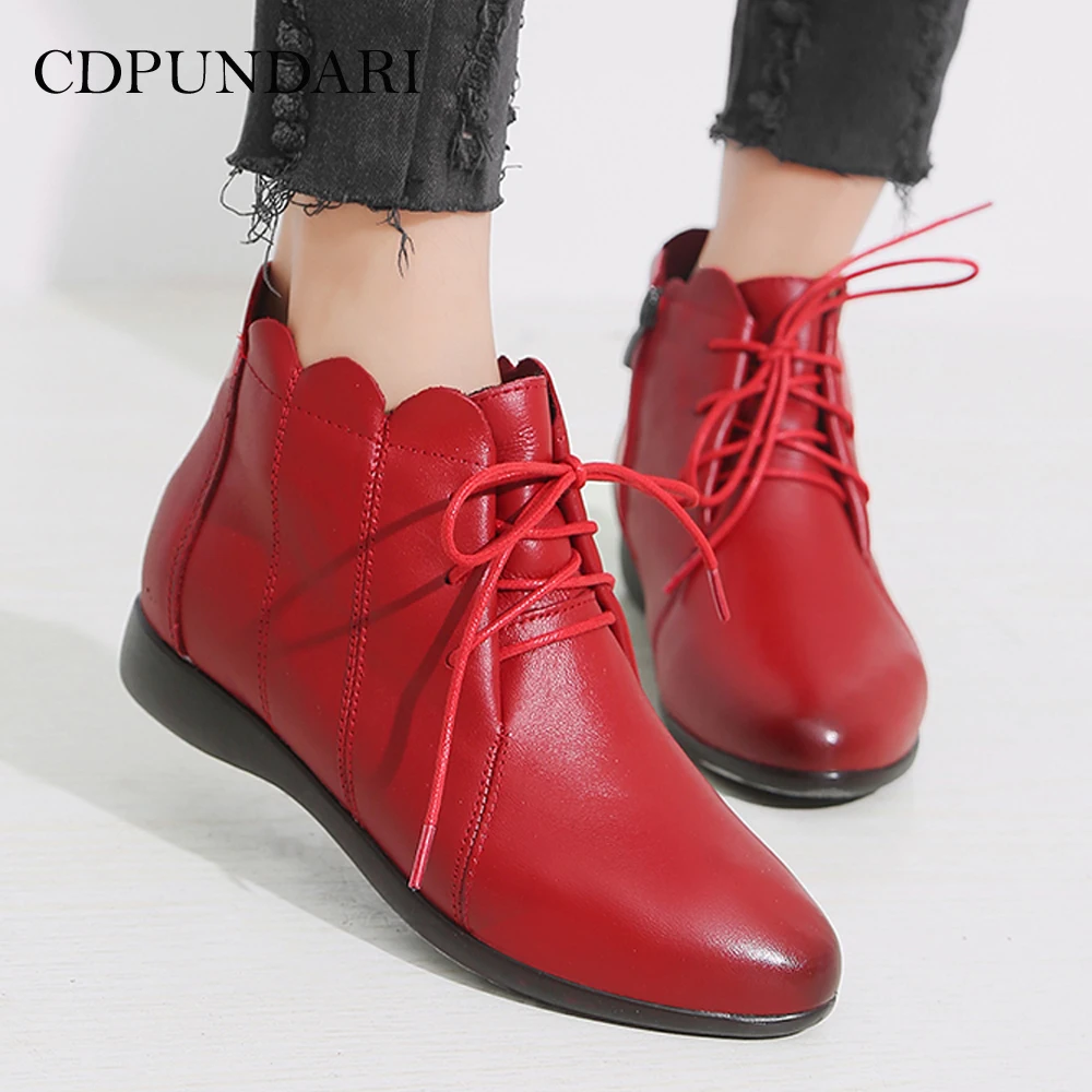 

CDPUNDARI Lace Up Genuine Leather Ankle boots for women Low heel Winter boots shoes woman Black Red