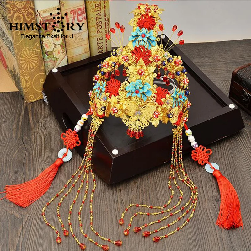 HIMSTORY Luxurious Vintage Chinese Traditional Wedding Jewelry Adorn Queen Tibetan Style Pageant Phoneix Coronet Tiaras