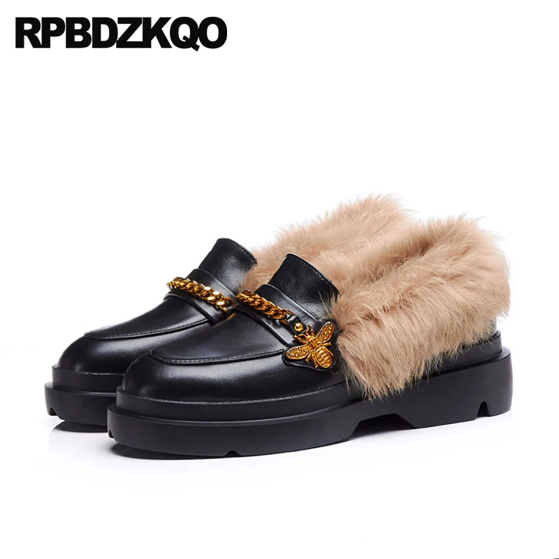 

winter chain creepers platform elevator leisure wedge black loafers metal ladies beautiful flats shoes thick sole women bee fur