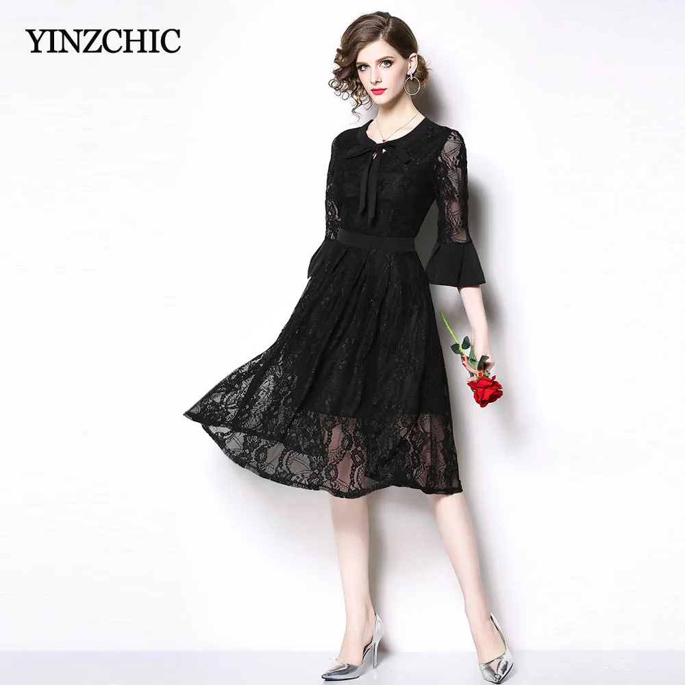Spring New Womans Lace Dress Flare Sleeve Female Casual Mid Dress Solid ...