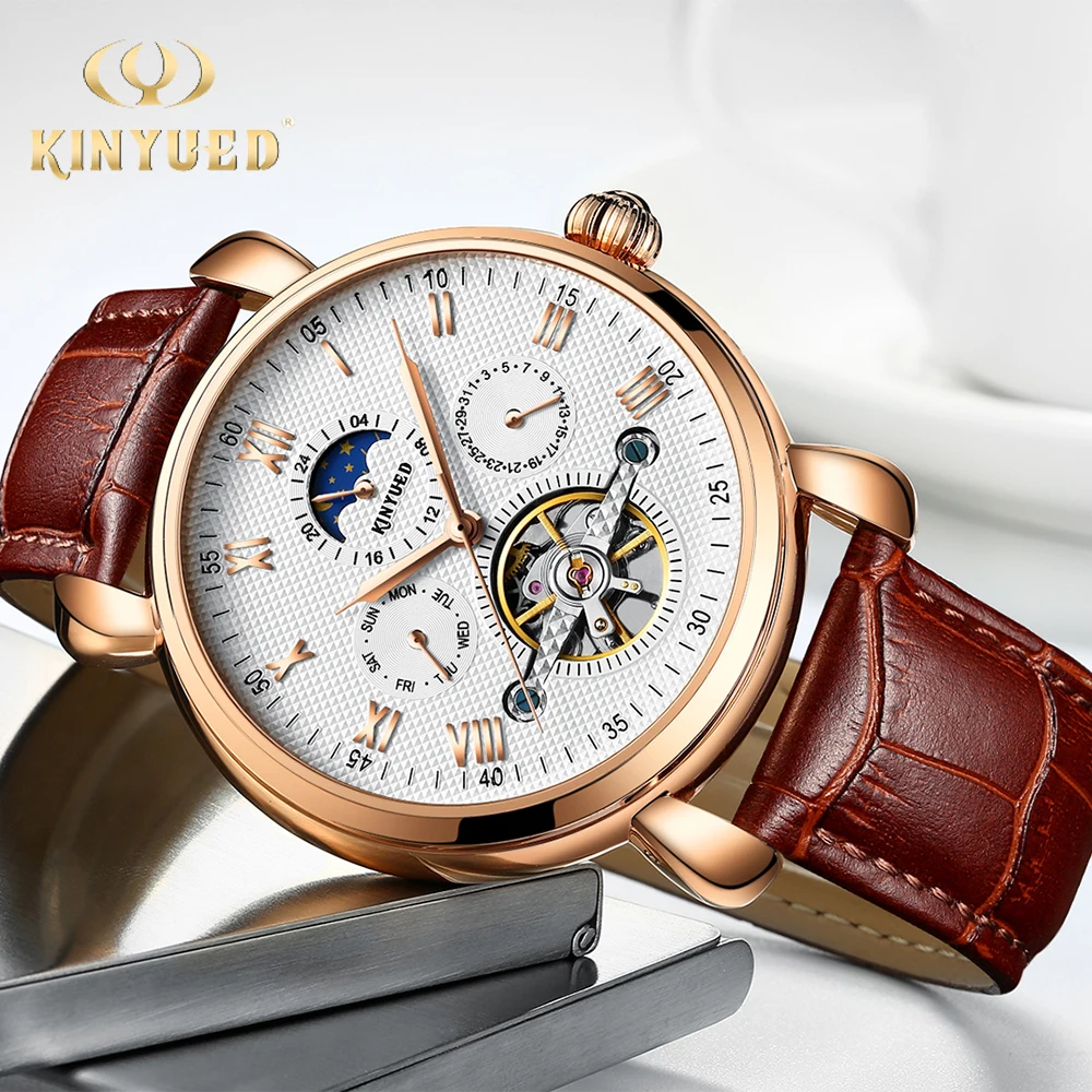 KINYUED Fashion Automatic Watch Mens Mechanical Tourbillon Skeleton Watches Moon Phase Calendar Business Luxury horloges mannen KINYUED Fashion Automatic Watch Mens Mechanical Tourbillon Skeleton Watches Moon Phase Calendar Business Luxury horloges mannen