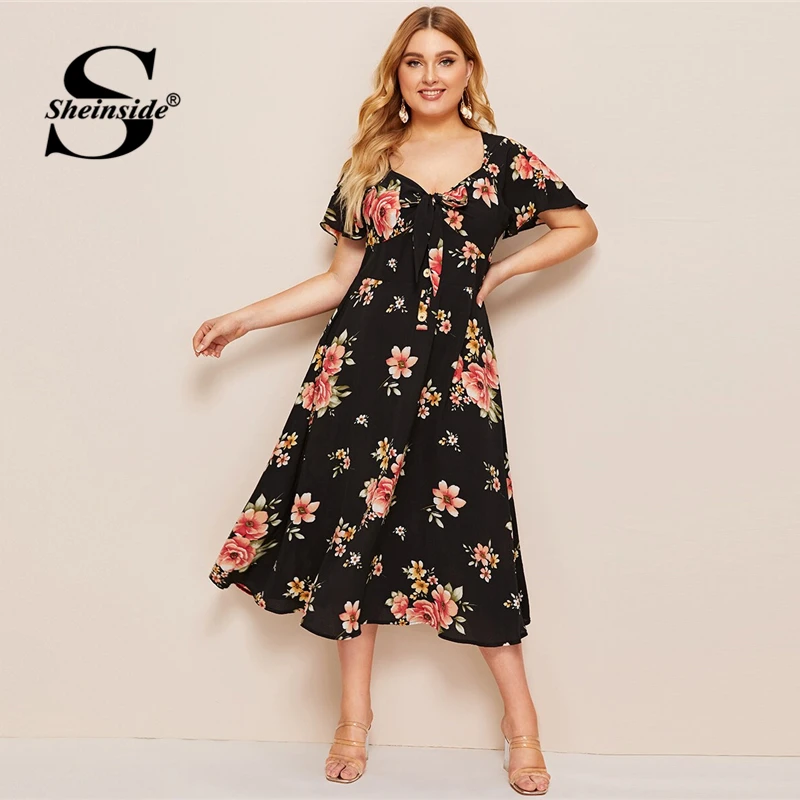 

Sheinside Plus Size Boho Deep V Neck A Line Dress Women 2019 Summer Bow Detail Floral Print Dresses Ladies High Waist Dress