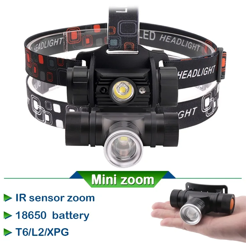 

2000LM L2 zoom Mini Headlight Sensor powerful head torch IR motion sensor Flashlight Headlamp USB Camping xml t6 head lamp 18650