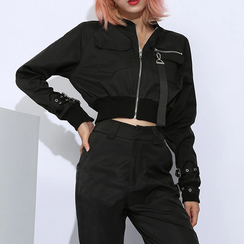

Fashion Spring Autumn Women Jacket Streetwear Cropped Jackets Female Zipper Slim Adjustable Long Sleeve Jackets Ladies Coats Top