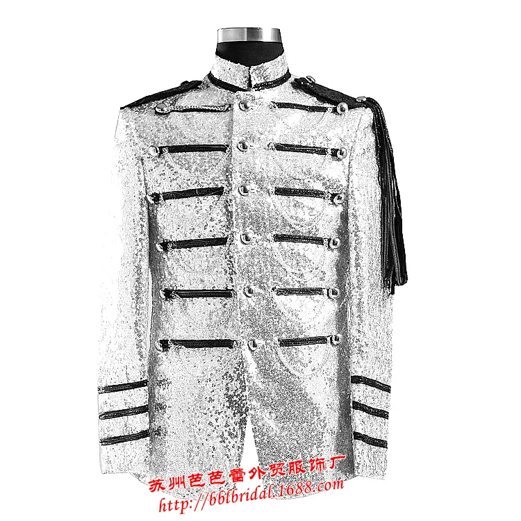 

Silver sequined suit costume Mens shoulder general European style palace nightclub singer host male dress