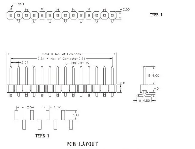 1x40 2.54 SMD Drawing