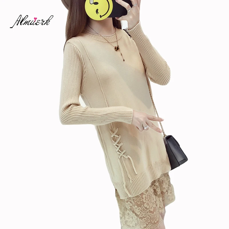 Women Sweaters Long Sleeve Knit Sweaters Women's Lace stitching dress Women's Winter Round neck Sweater Loose Pull Femme f146